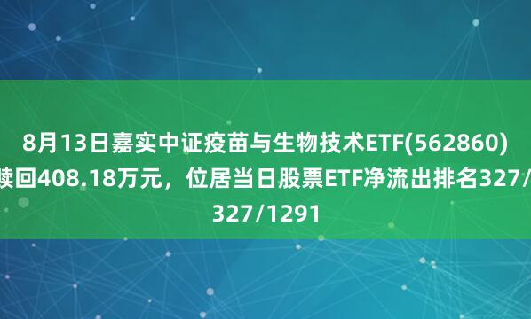 8月13日嘉实中证疫苗与生物技术ETF(562860)遭净赎回408.18万元，位居当日股票ETF净流出排名327/1291